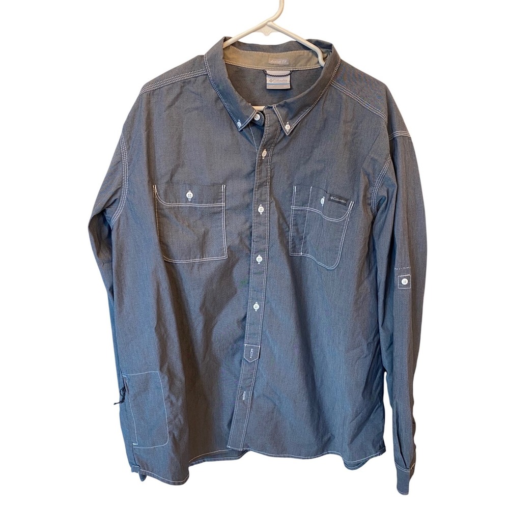 Columbia Active Fit Long Sleeve Button Down Shirt Mens XXL Gray Outdoor Utility‎